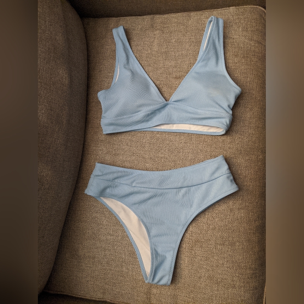 Vintage Style High-Waist Powder Blue Bikini sz L NWOT
